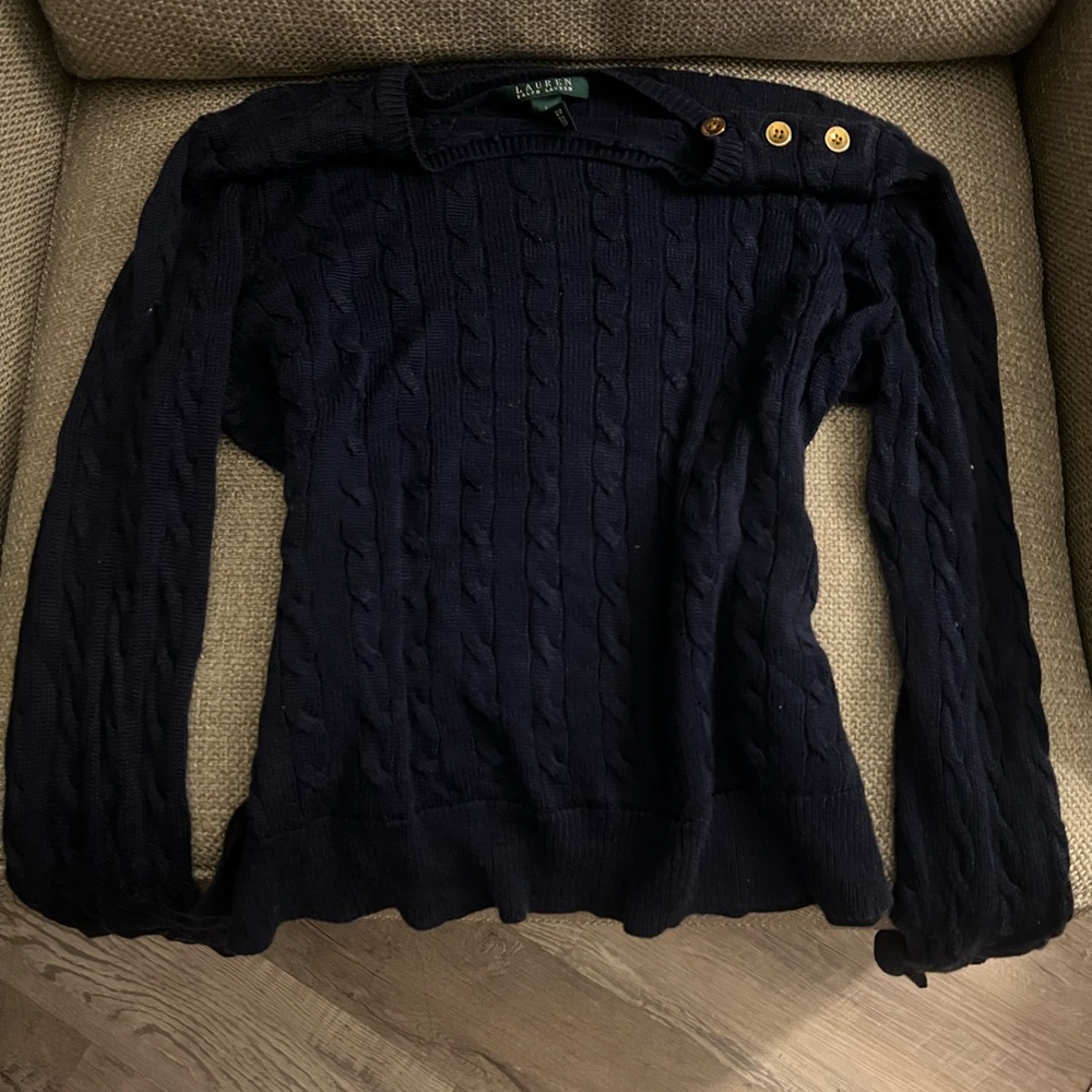 Ralph Lauren Black Cable Knit Sweater with Button Accents